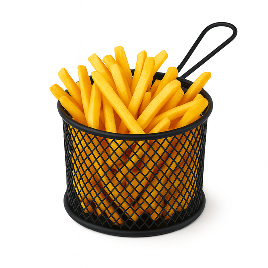 Round Fries Strainer – Silver &amp; Black Stainless Steel Mesh Basket