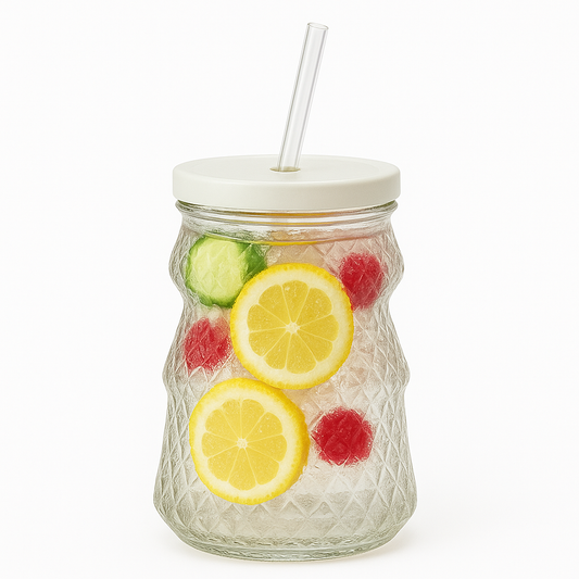 Clear Iced Tea Glass with Lid & Straw – Large Textured Drinking Jar