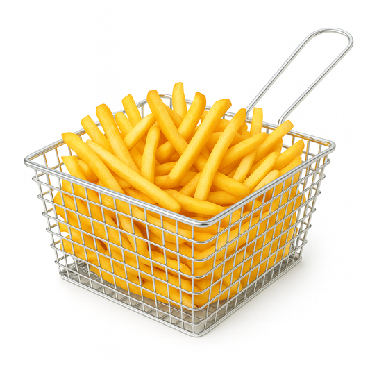 Large Flat Fries Strainer – Silver & Black Stainless Steel Mesh Basket