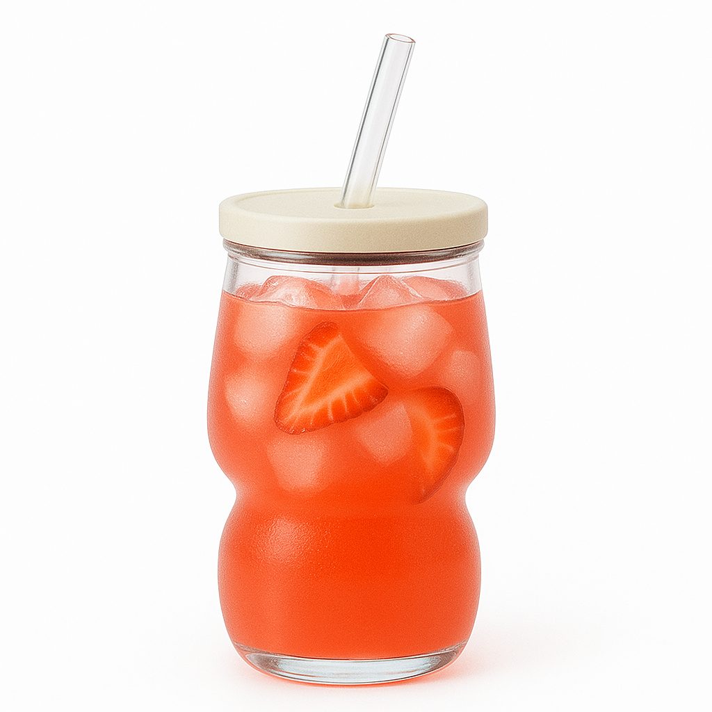 Clear Iced Tea Glass with Lid & Straw – Large Curved Drinking Jar