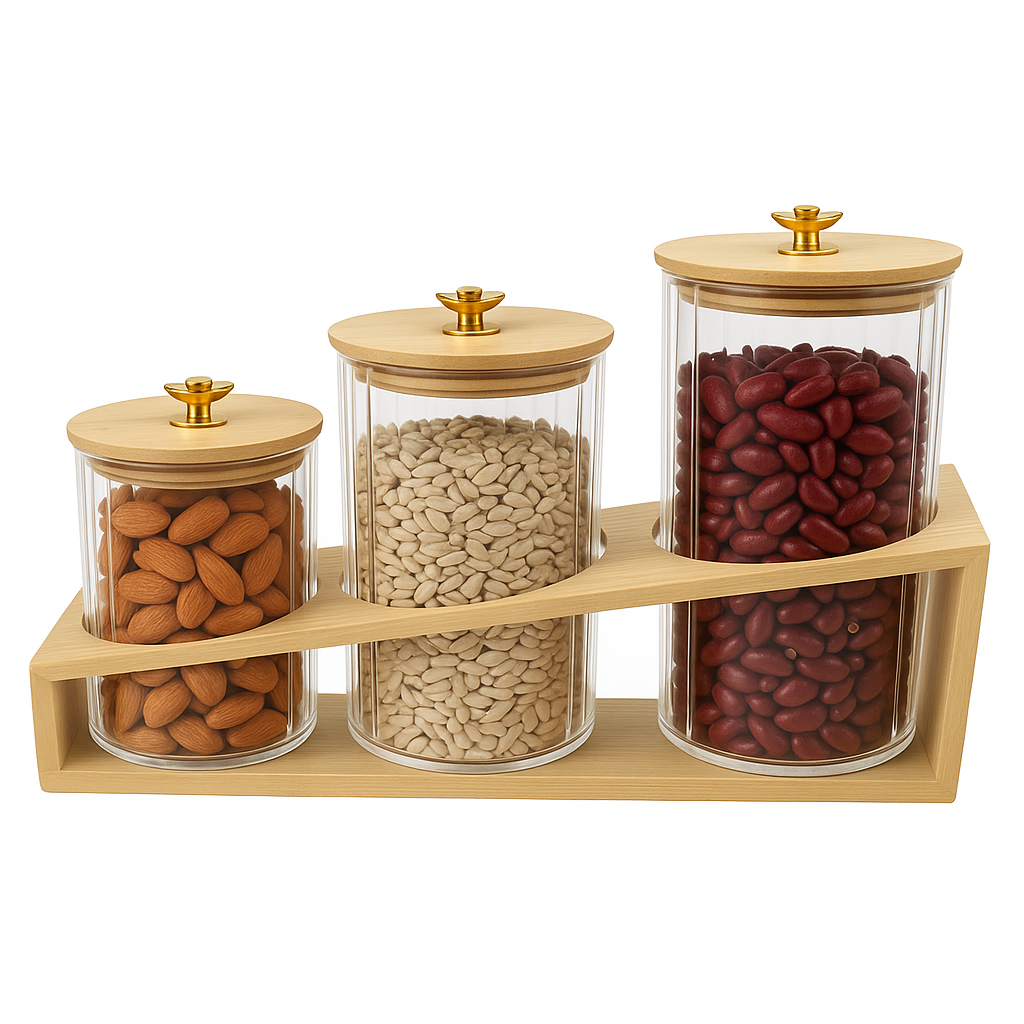 3 Pcs Glass Jar Set with Wooden Stand – Airtight Kitchen Storage Containers