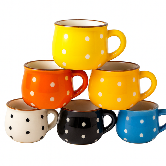 Pack of 6 – 150ML Ceramic Polka Dot Mugs | Colorful Tea & Coffee Cups