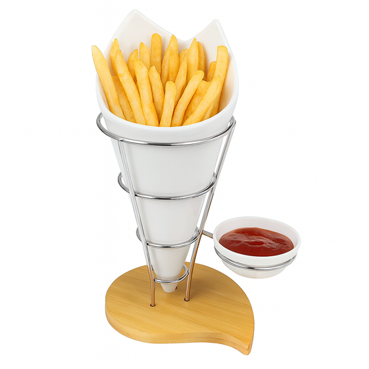 Ceramic Fries Stand with Metal Frame & Wooden Base – Snack Cone with Sauce Bowl