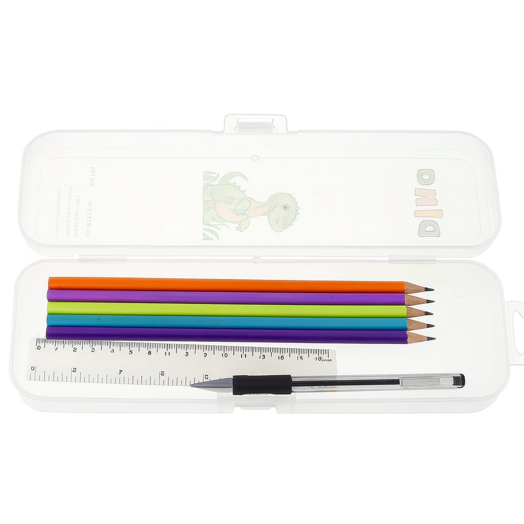 Dino Multi‑Box – Transparent Stationery Storage Case for Kids & School Supplies