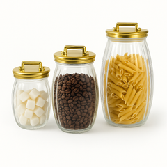 3 Pcs Sealed Storage Jars with Vertical Stripes & Handles – Variants: Gold, Rose Gold, Silver