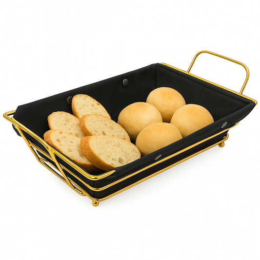 Rectangular Bread & Storage Basket – Black Fabric with Golden Frame