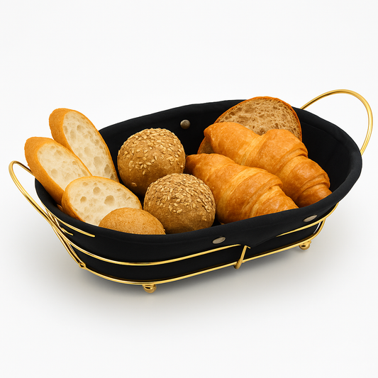 Oval Bread & Storage Basket – Black Fabric with Golden Frame