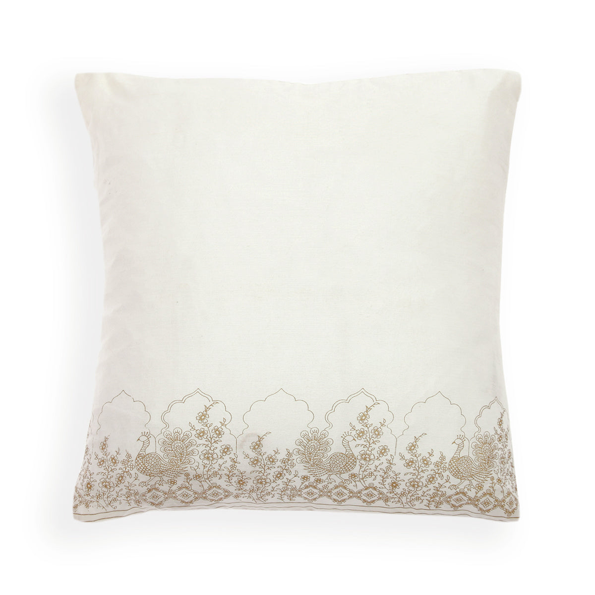 Gold Peacock Cushion Cover White 18x18"