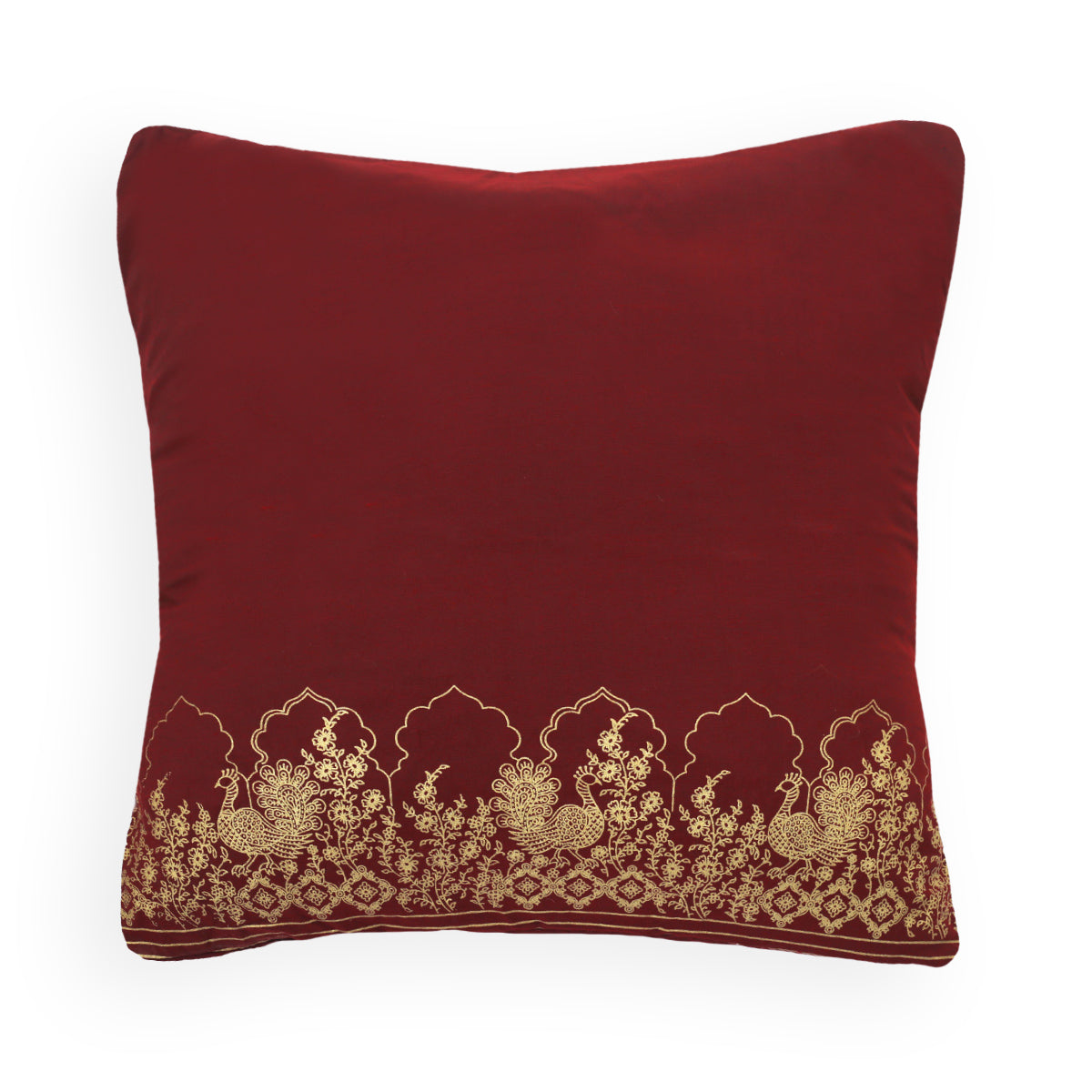 Gold Peacock Cushion Cover Red 18x18"