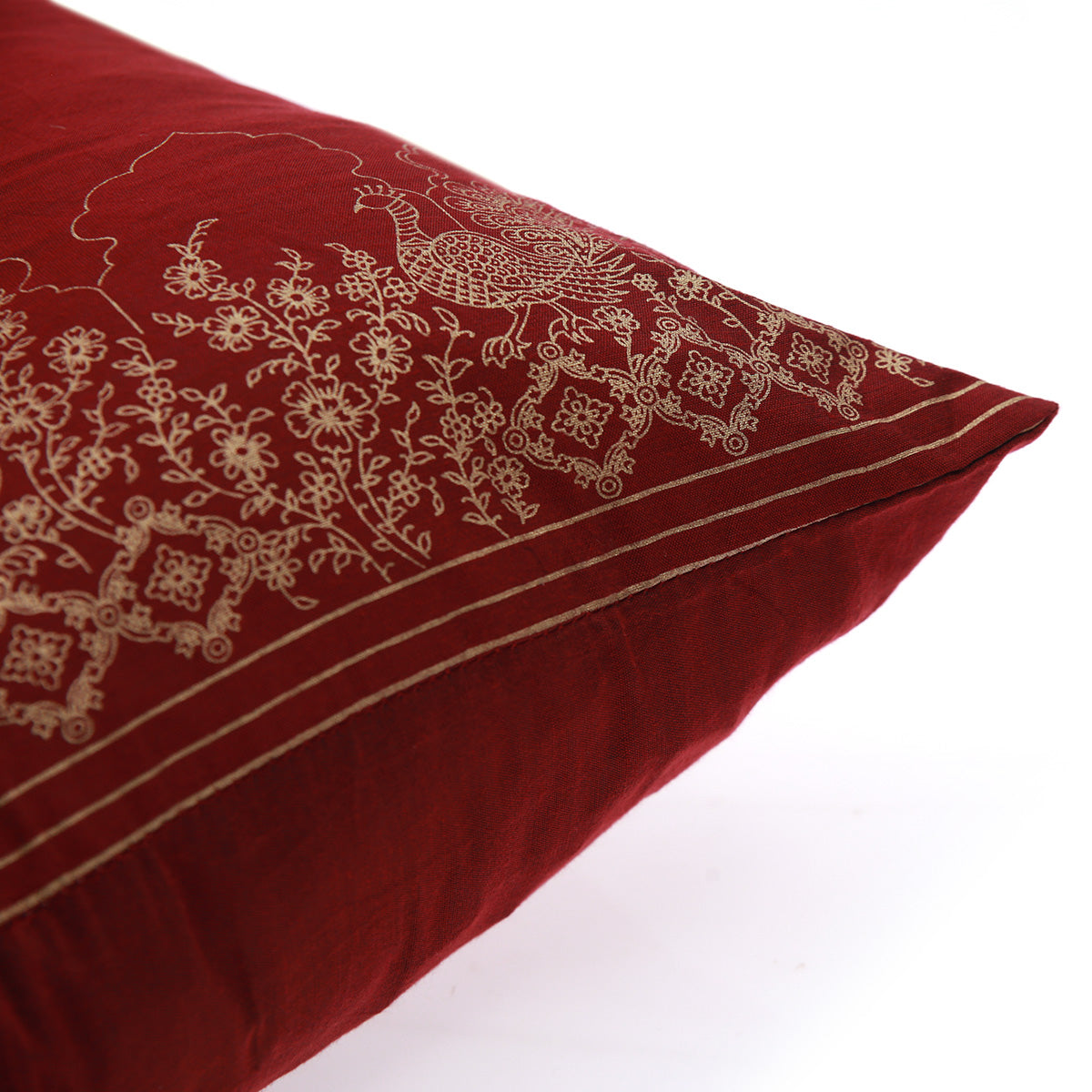 Gold Peacock Cushion Cover Red 18x18"