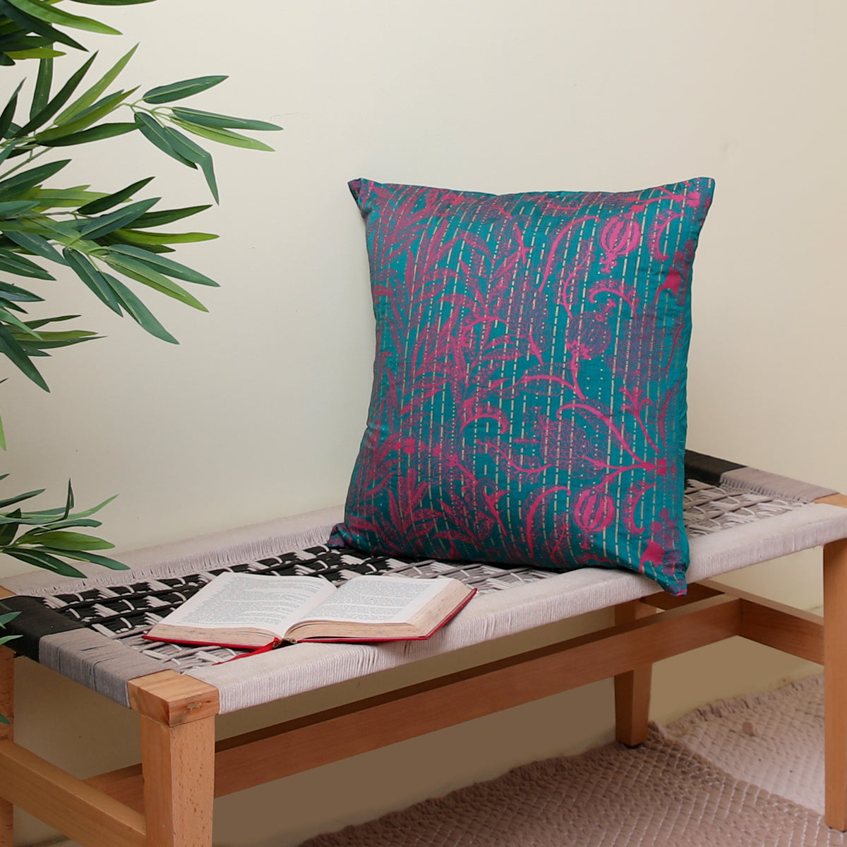 Aqua Floral Pomo Cushion Cover 18x18