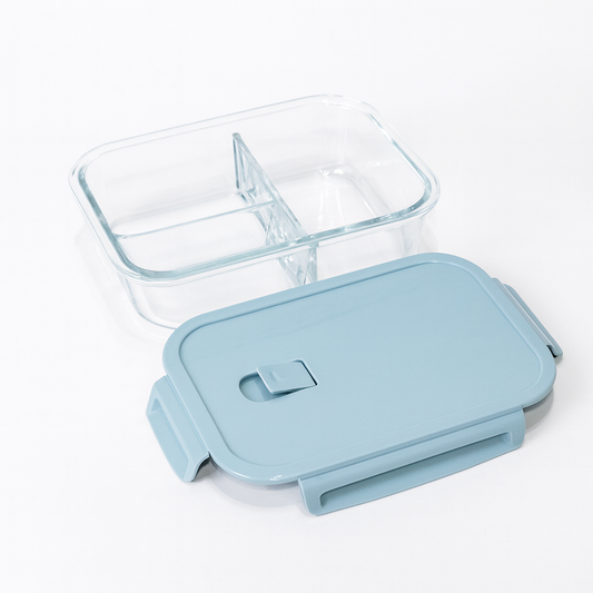 Glass Storage Box – 1040ml – KD-08 (Blue, 3-Compartment)