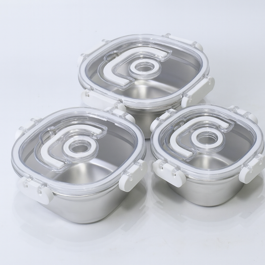 3PCS Steel Storage Box Set – Airtight with Transparent Lid (700ml | 1000ml | 1400ml)