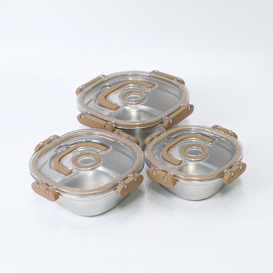 3PCS Steel Storage Box Set – Airtight with Transparent Lid (Tan Clips) – 700ml | 1000ml | 1400ml