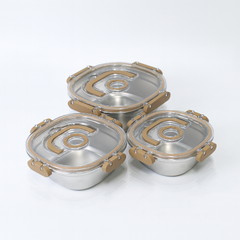 3PCS Steel Storage Box Set – Airtight with Transparent Lid (Tan Clips) – 700ml | 1000ml | 1400ml