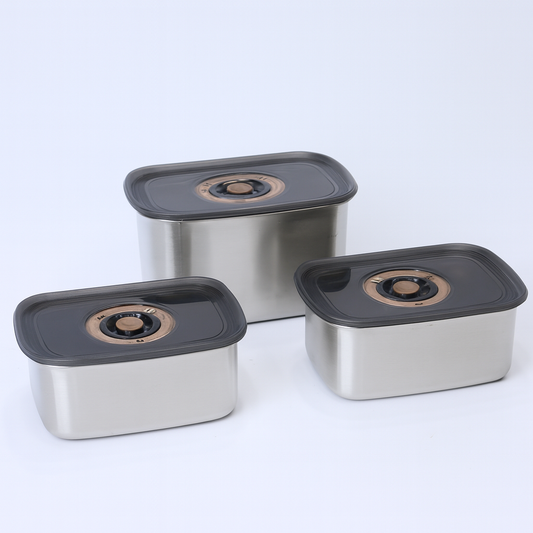 3PCS Steel Storage Box Set – Modern Matte Finish with Black Vacuum Lids – 750ml | 1000ml | 1250ml