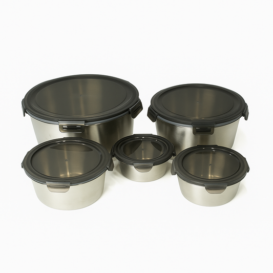 5PCS Steel Storage Box Set – Brushed Steel with Black Clip-Lock Lids – 400ml to 3500ml