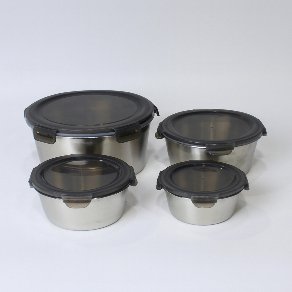 4PCS Steel Storage Box Set – Clip-Lock Airtight Round Containers – 400ml to 2200ml