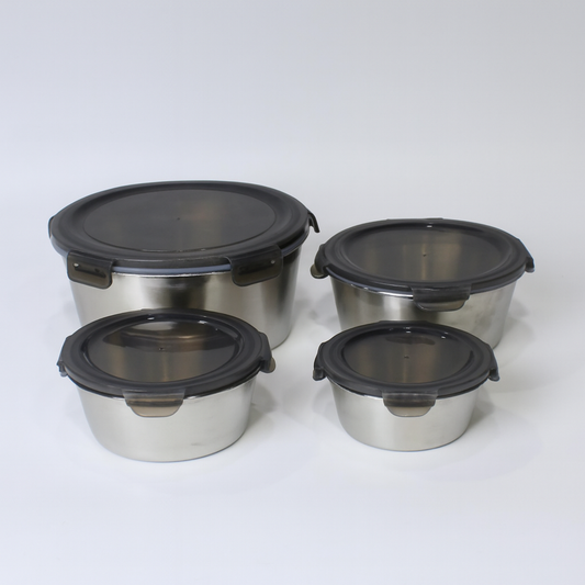 4PCS Steel Storage Box Set – Clip-Lock Airtight Round Containers – 400ml to 2200ml