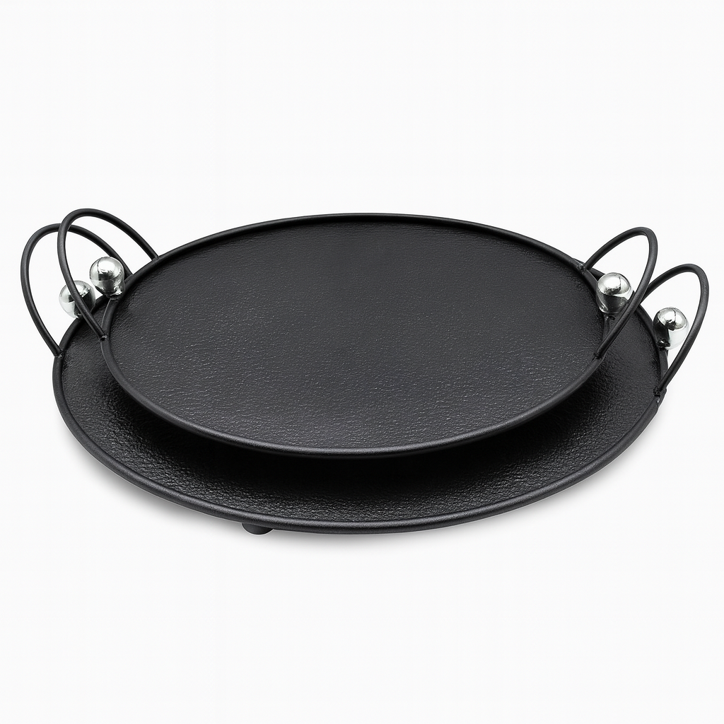 Round Iron Serving Tray – Black Textured Finish with Handles