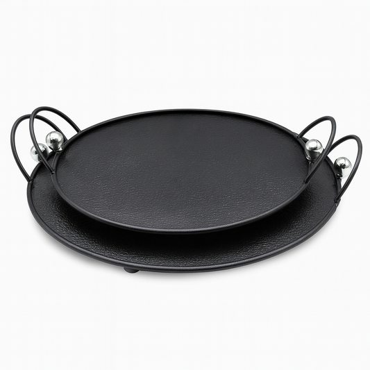 Round Iron Serving Tray – Black Textured Finish with Handles