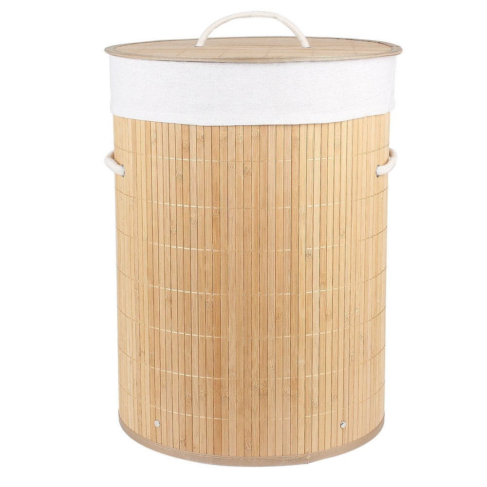 Foldable Bamboo Laundry Basket Round Light Brown