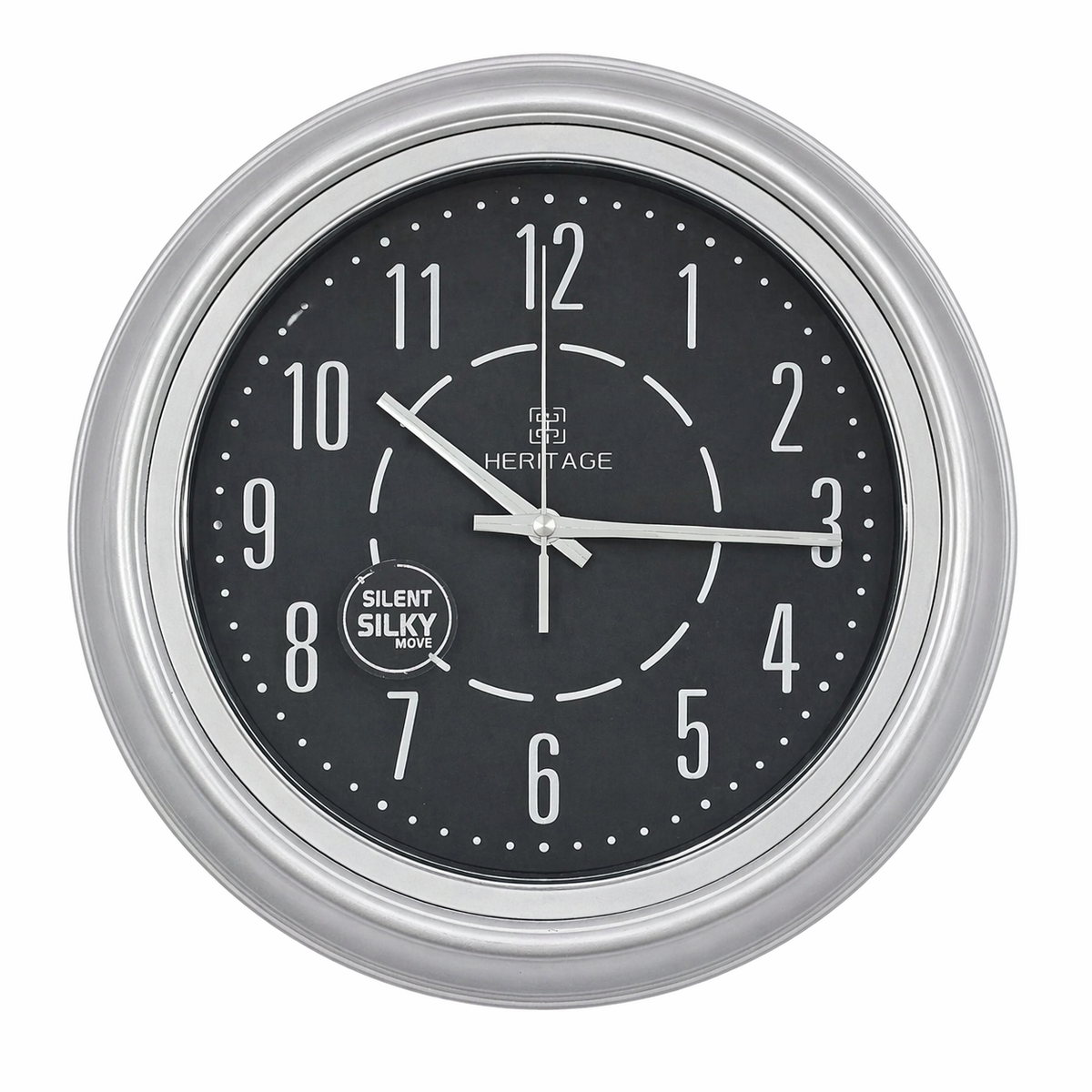 Heritage 15-Inch Silent Sweep Wall Clock – Modern Black Dial with Silver Plastic Frame, Non-Ticking Quartz Movement - Habitt