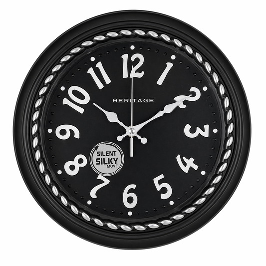 Heritage Hazel Wall Clock 14.5 Inch – Classic Black Finish with Silver Numerals & Beaded Detail (Plastic) - Habitt