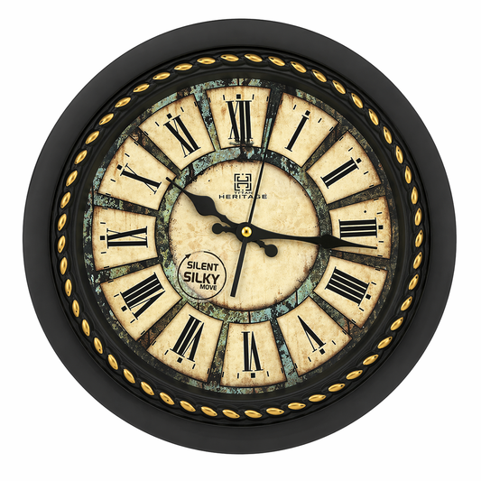 Vintage Heritage Wall Clock Oreo-2 13.75" – Classic Roman Numeral Antique Style Wall Clock with Black & Gold Frame - Habitt