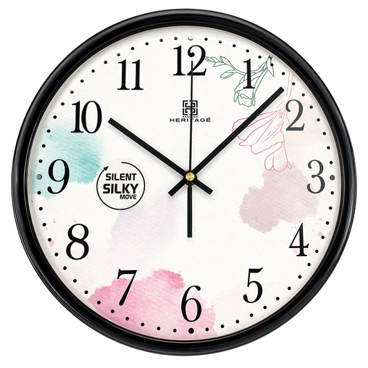 Heritage Pastel Floral Wall Clock – 15-Inch Silent Sweep Quartz with Decorative Dial & Black Plastic Frame - Habitt
