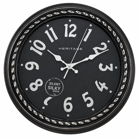 Heritage Hazel Wall Clock 14.5 Inch – Classic Black Dial with Silver Accents & Beaded Frame (Plastic) - Habitt