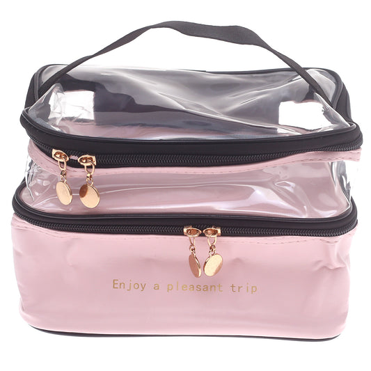 Transparent & PU Travel Cosmetic Pouch – Dual-Layer Makeup Organizer Bag