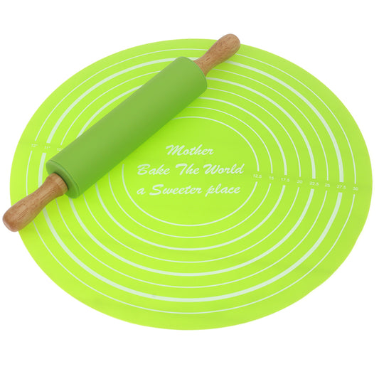 Non-Stick Silicone Baking Sheet with Wooden Handle Rolling Pin – Dough Mat Set
