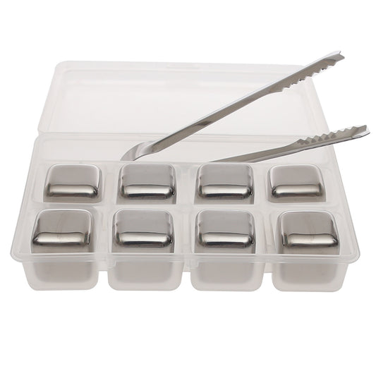 Reusable Stainless Steel Ice Cubes – 8‑Piece Set with Tongs & Storage Tray
