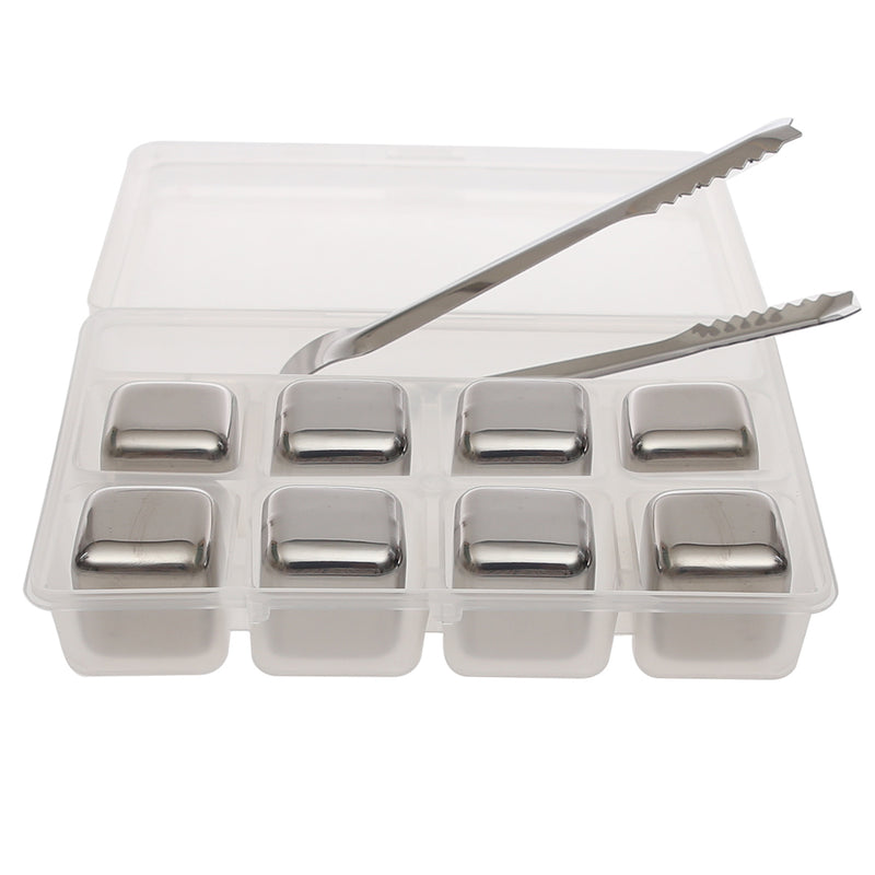 Reusable Stainless Steel Ice Cubes – 8‑Piece Set with Tongs & Storage Tray - Habitt