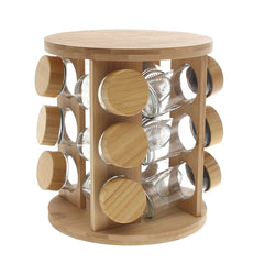 Wooden Spice Rack Carousel with 12 Glass Jars – Rotating Bamboo Spice Organizer