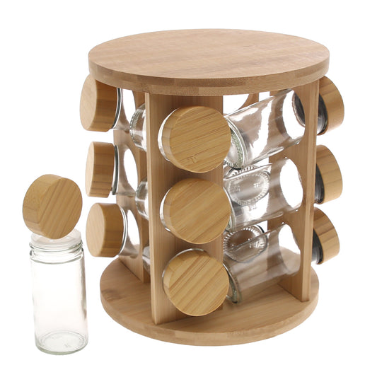 Wooden Spice Rack Carousel with 16 Glass Jars – Rotating Bamboo Spice Organizer