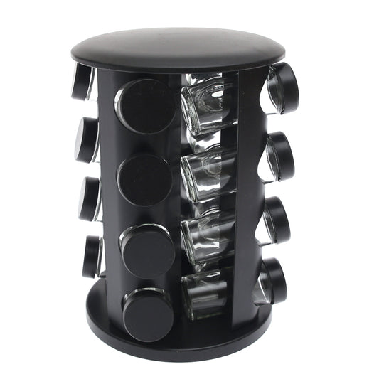 Black Rotating Spice Rack with 16 Glass Jars – 360° Kitchen Spice Organizer