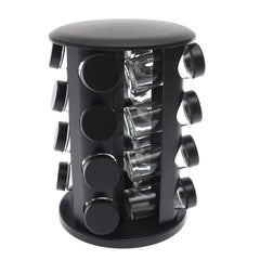 Black Rotating Spice Rack with 16 Glass Jars – 360° Kitchen Spice Organizer