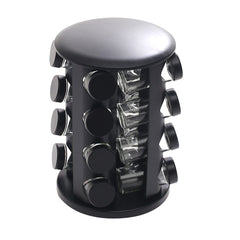 Black Rotating Spice Rack with 16 Glass Jars – 360° Kitchen Spice Organizer