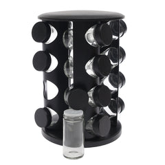 Black Rotating Spice Rack with 16 Glass Jars – 360° Kitchen Spice Organizer