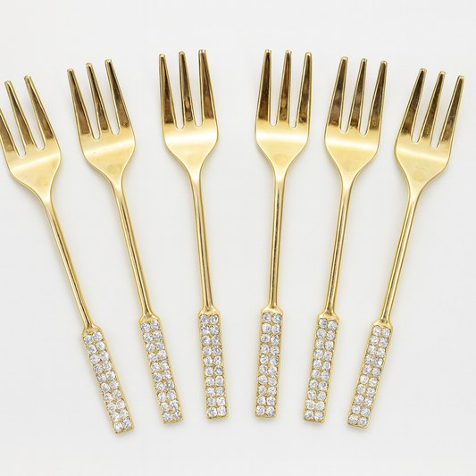 6 Pcs Golden Fork Set – Crystal Handle Design