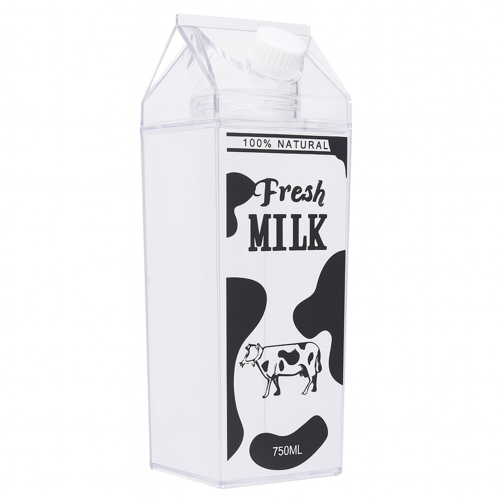 1Pc Milk Bottle 750ml – Transparent Plastic Carton-Style Bottle with Lid