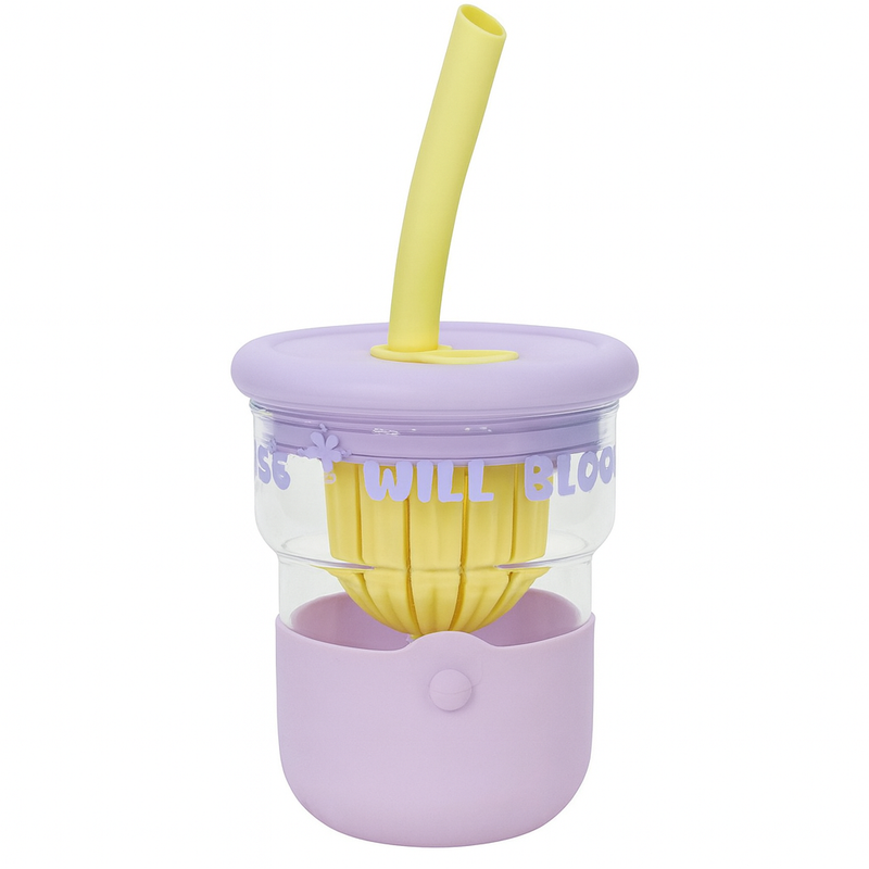 1Pc Cute Flower Glass with Straw & Lid – 1 Pc Drinking Cup (Purple, Blue, Pink, Green) - Habitt