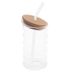 Ripple Glass Tumbler with Bamboo Lid & Straw – 450ml