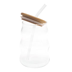 Wave Glass Tumbler with Bamboo Lid & Straw – 530ml