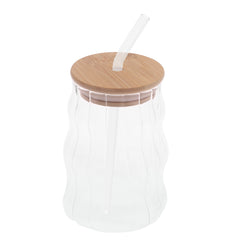 Ripple Glass Tumbler with Bamboo Lid & Straw – 530ml