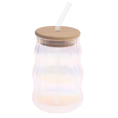 Iridescent Ripple Glass Tumbler with Bamboo Lid & Straw – 530ml