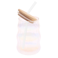 Iridescent Ripple Glass Tumbler with Bamboo Lid & Straw – 530ml
