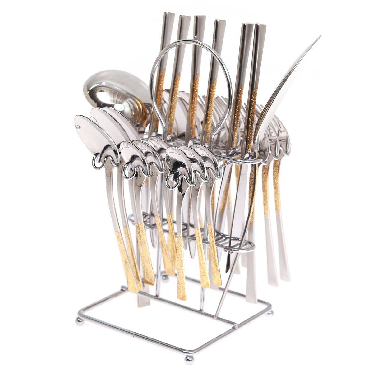 26Pcs Cutlery Set W/Stand Golden & Silver